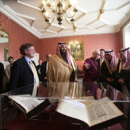 The Archbishop of Canterbury, Justin Welby, accompanies the Crown Prince of Saudi Arabia, MBS, as they view a selection of early texts from the Christian, Muslim and Jewish faiths from the Lambeth Palace library collection (Yui Mok – WPA Pool / Getty Images)